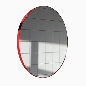 Übergroßer Orbis Spiegel mit rotem Rahmen und geätztem Gitter von Alguacil & Perkoff Ltd