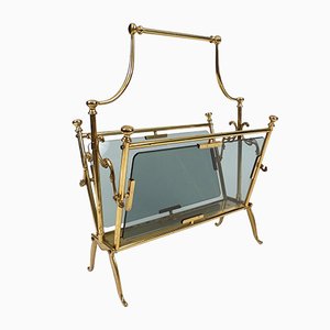 French Brass and Smoked Glass Magazine Rack from Maison Baguès, 1960s