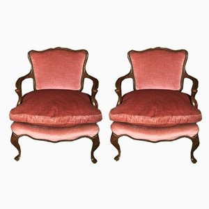Set of Mid-Century English Oak and Pink Velvet Lounge Chairs