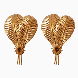 Large Gilt Metal Palm Leaf Sconces by Hans Kögl for Hans Kögl, 1970s, Set of 2