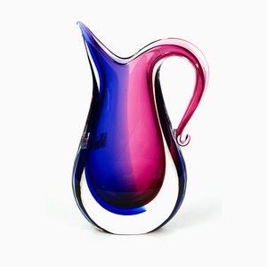 Mundgeblasene blaue & rubinrote Murano Glasvase von Michele Onesto für Made Murano Glas, 2019
