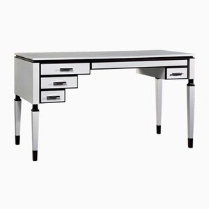 White Finished 4-Draw Asymmetrical Desk with Dark Accents by Jacobo Ventura for CA Spanish Handicraft