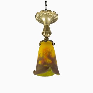 Art Nouveau Bronze, Brass, and Glass Ceiling Lamp from Muller Frères, 1920s