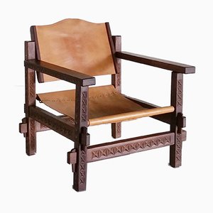 Safari Stuhl aus Leder & Holz, 1970er