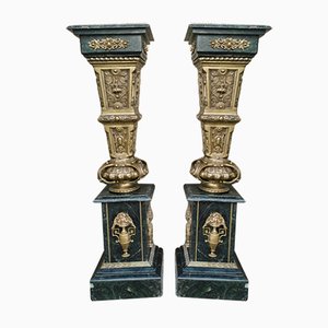 Antique Neoclassical Bronze and Marble Columns, Set of 2