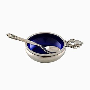 Vintage Sterling Silver & Blue Enamel Salt Cellar with Spoon by Johan Rohde for Georg Jensen, Set of 2