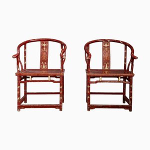 Antike Rot & Gold lackierte Holzsessel, 2er Set