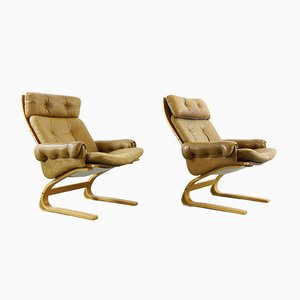 Brown Leather Armchairs by Elsa & Nordahl Solheim for Rybo Rykken & Co, 1970s, Set of 2