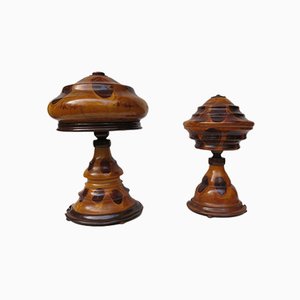 Lámparas de mesa Mushroom Art Déco vintage de madera. Juego de 2
