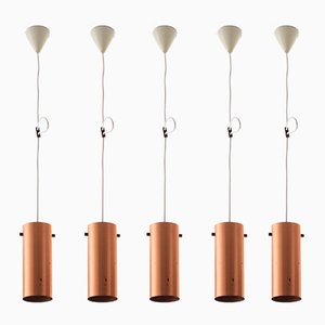 Scandinavian Modern Copper and Teak Pendant Lamps by Uno & Östen Kristiansson for Luxus, 1960s, Set of 5