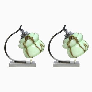 Chrome-Plated Brass and Marbled Opal Glass Table Lamps, 1930s, Set of 2