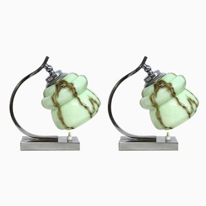 Lampes de Bureau en Chrome Plaqué et en Laiton et en Verre Opalin Marbré, années 30, Set de 2