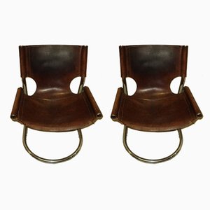 Italian Leather and Steel Side Chairs, 1970s, Set of 2