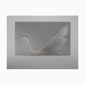 Heron in Flight Engraving by Mikio Watanabe