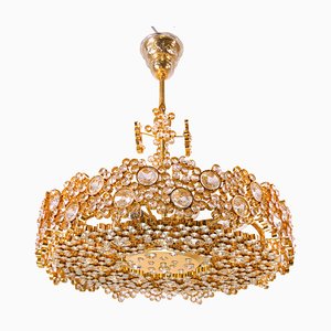 Hollywood regency gilt brass & crystal chandelier by Palwa, 1960s Hollywood regency gilt brass & crystal chandelier by Palwa, 1960s