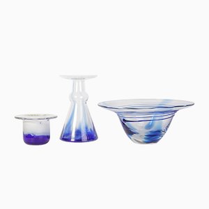 Scodella in vetro blu e vaso di Egermann, anni '80, set di 3