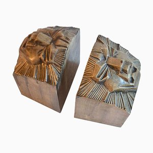 Sujetalibros Art Déco con cabeza de león de cerámica, años 20. Juego de 2
