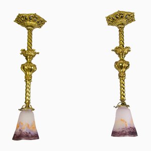 Lampes à Suspension en Verre Artisanal et Bronze Doré de Muller Strasbourg, 1920s, Set de 2