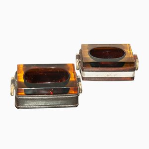 Leather and Stitched Glass Ashtrays, 1970s, Set of 2