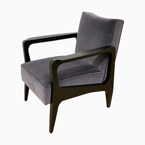 Art Deco Style Black Ebony Finish and Grey Cotton Velvet Atena Armchair by Casa Botelho