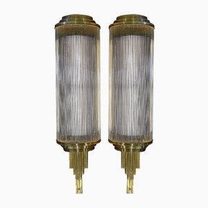 Large Art Deco Brass and Glass Wall Lamps, 1920s, Set of 2