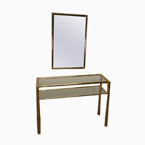 Hollywood Regency Golden Bamboo Console Table and Mirror, 1970s, Set of 2