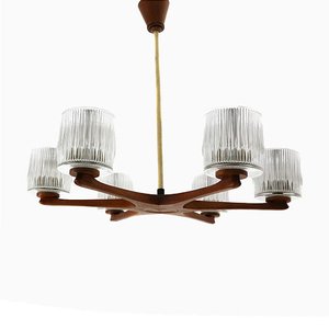 Teak and Glass 6-Arm Chandelier, 1960s