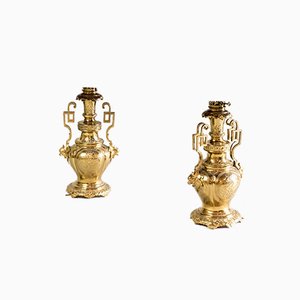 Lámparas de mesa de latón dorado y bronce, siglo XIX. Juego de 2