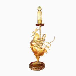 Lámpara de mesa Gallo de hierro dorado, años 50
