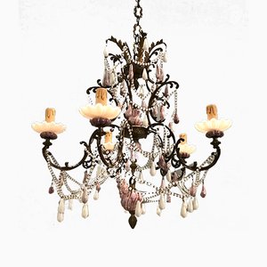 Agate Stone and Crystal Beaded Chandelier, 1940s