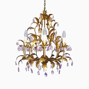 Lámpara de araña italiana en forma de cesta de cristal violeta y marco dorado, años 60