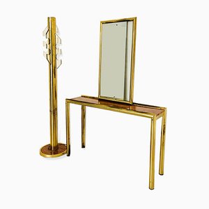 Vintage Brass Mirror, Console Table, and Coat Stand Set, 1970s