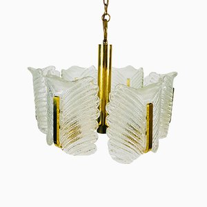 Large Mid-Century 6-Arm Brass and Ice Glass Chandelier from JSB Leuchten, 1960s