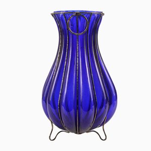 Italienische Vintage Vase aus blauem Glas & Metall, 1980er