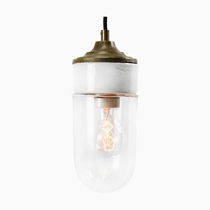 Mid-Century Porcelain, Clear Glass, and Brass Ceiling Lamp