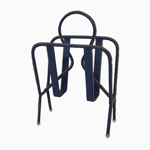French Blue Leather Stitched Magazine Rack by Jacques Adnet, 1950s