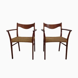 Teak & Paper Cord Dining Chairs by Ejner Larsen for Glyngore Stolefabrik, 1960s, Set of 2