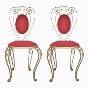 Patinated Brass, Wrought Iron, and Velvet Side Chairs, 1970s, Set of 2