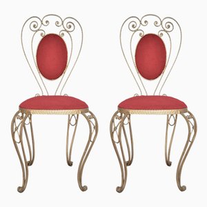 Set of Patinated Brass, Wrought Iron, and Velvet Side Chairs, 1970s