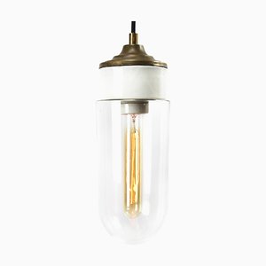 Vintage Industrial Brass, White Porcelain, and Clear Glass Ceiling Lamp, 1950s