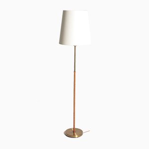 Lampadaire Mid-Century en Laiton et Cuir Tressé, Suède, années 50