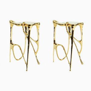 Calligraphic Sculpted Brass Side Tables by Misaya, Set of 2