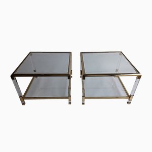 Mid-Century French Acrylic Glass and Brass Side Tables, 1970s, Set of 2