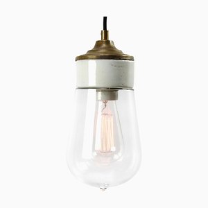 Mid-Century Industrial White Porcelain, Clear Glass, and Brass Pendant Lamp