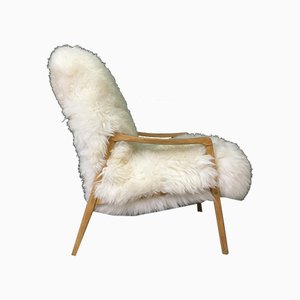 Art Déco Vintage Sessel mit weißem Schaffellbezug