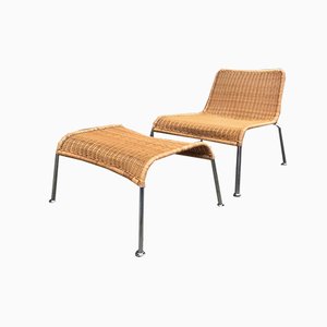 Vintage Scandinavian Rattan and Chromed Steel Lounge Chair and Ottoman Set, 1970s