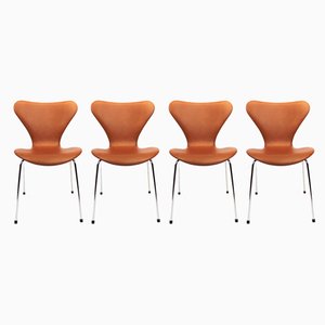 Cognac Leather Model 3107 Dining Chairs by Arne Jacobsen for Fritz Hansen, 1980s, Set of 12