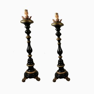 Italian Black Lacquered Wood and Burnished Gold Church Candle Holder Floor Lamps, Set of 2