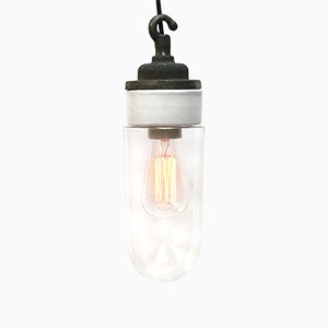 Industrielle Mid-Century Deckenlampe aus Porzellan, Klarglas & Gusseisen
