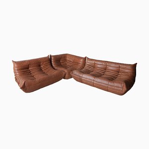 Divani vintage in pelle marrone di Michel Ducaroy per Ligne Roset, anni '70, set di 3